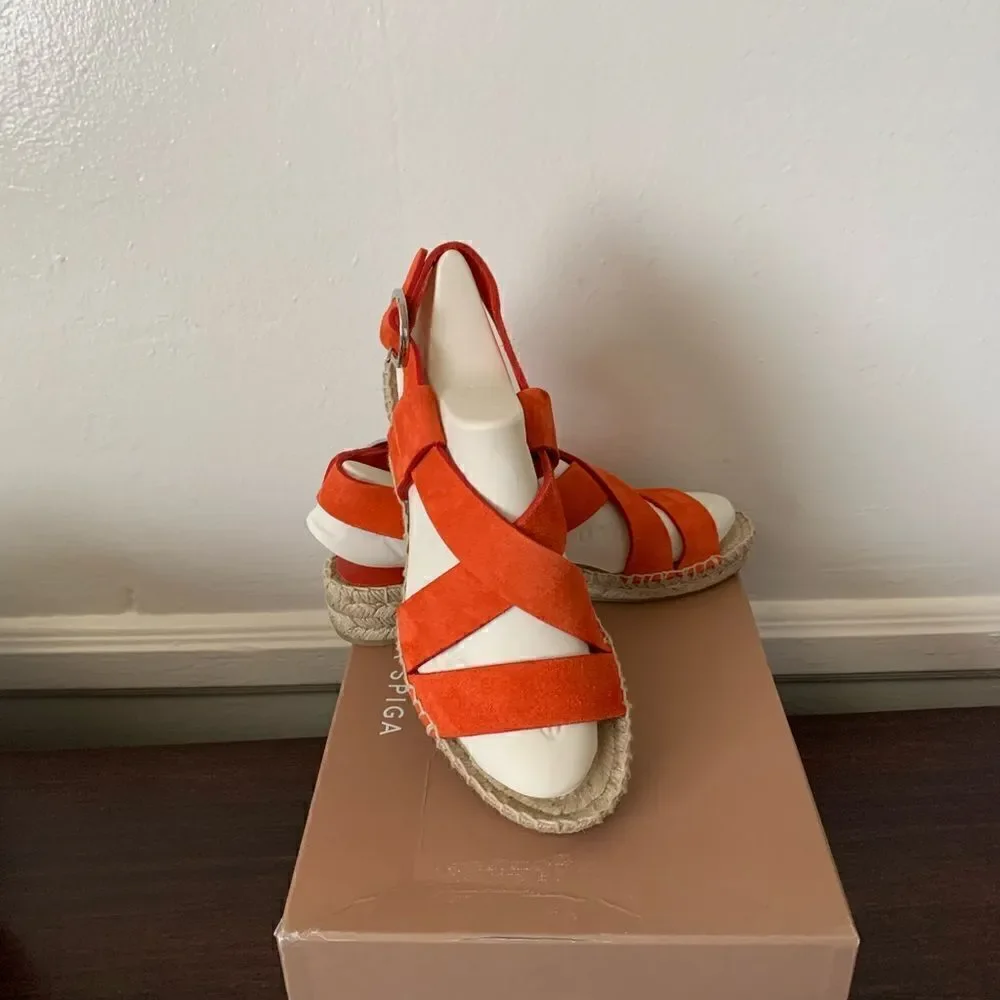 💕Via Spiga Women’s gia suede espadrille wedge strappy sandal in orange Sz 7 NIB